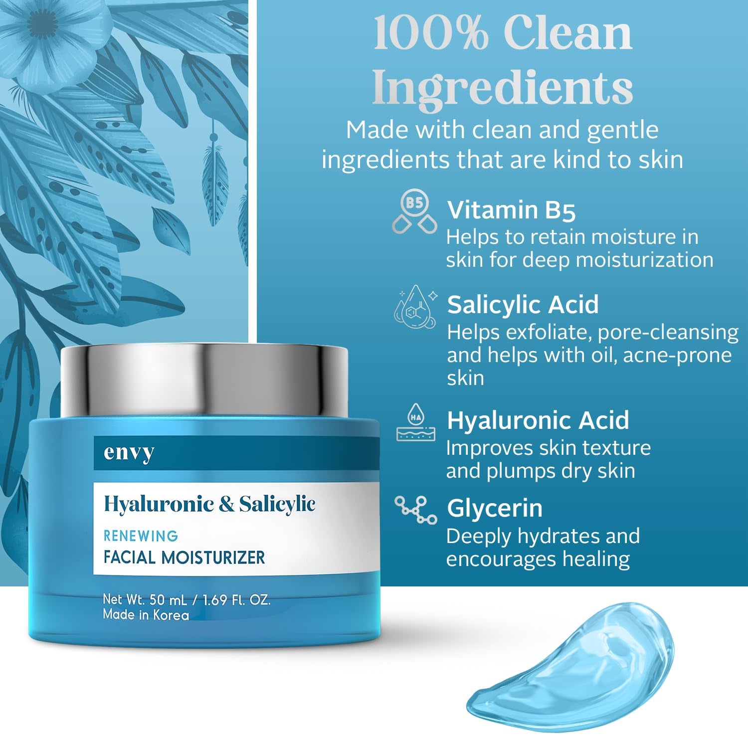 Hyaluronic & Salicylic Acid Face Moisturizer Cream - Reduce Acne Scars, Hydrating, Improves Skin Texture, Anti-Aging Day Cream - Cruelty Free Korean Skin Care for All Skin Types - 1.69 Fl. Oz
