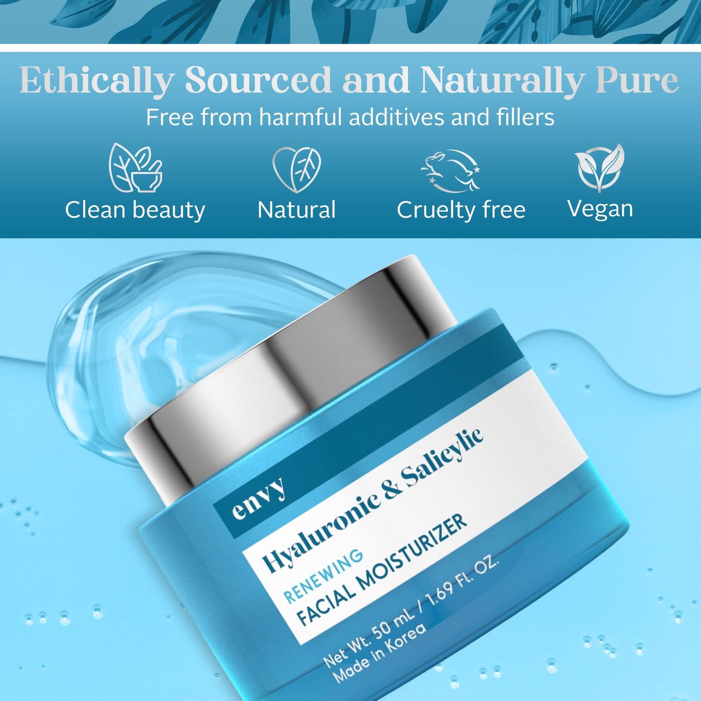 Hyaluronic & Salicylic Acid Face Moisturizer Cream - Reduce Acne Scars, Hydrating, Improves Skin Texture, Anti-Aging Day Cream - Cruelty Free Korean Skin Care for All Skin Types - 1.69 Fl. Oz