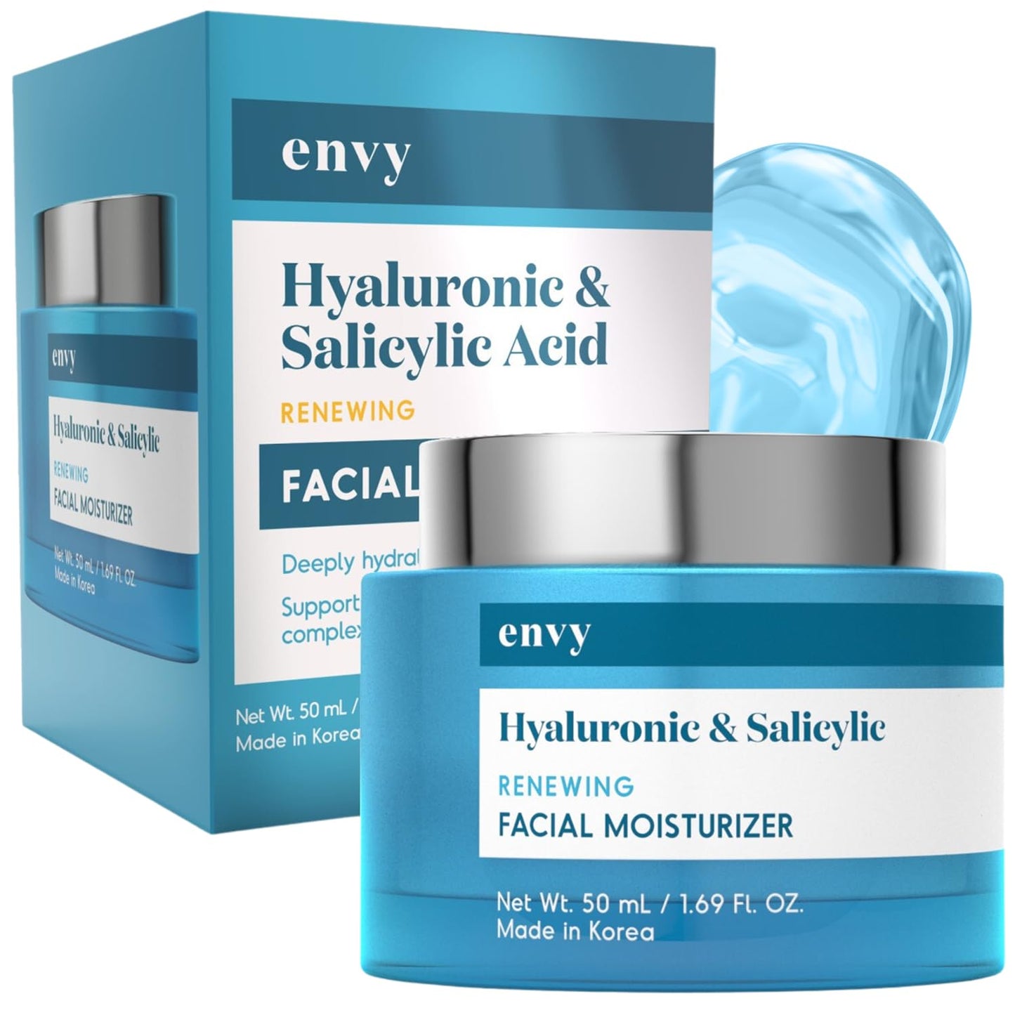 Hyaluronic & Salicylic Acid Face Moisturizer Cream - Reduce Acne Scars, Hydrating, Improves Skin Texture, Anti-Aging Day Cream - Cruelty Free Korean Skin Care for All Skin Types - 1.69 Fl. Oz